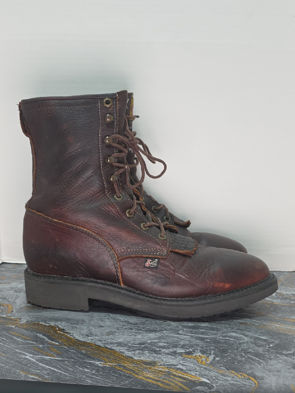 Justin Mens 12 D Brown Leather Conductor 8" Work Boots Comfort Packer Used - Picture 2 of 13